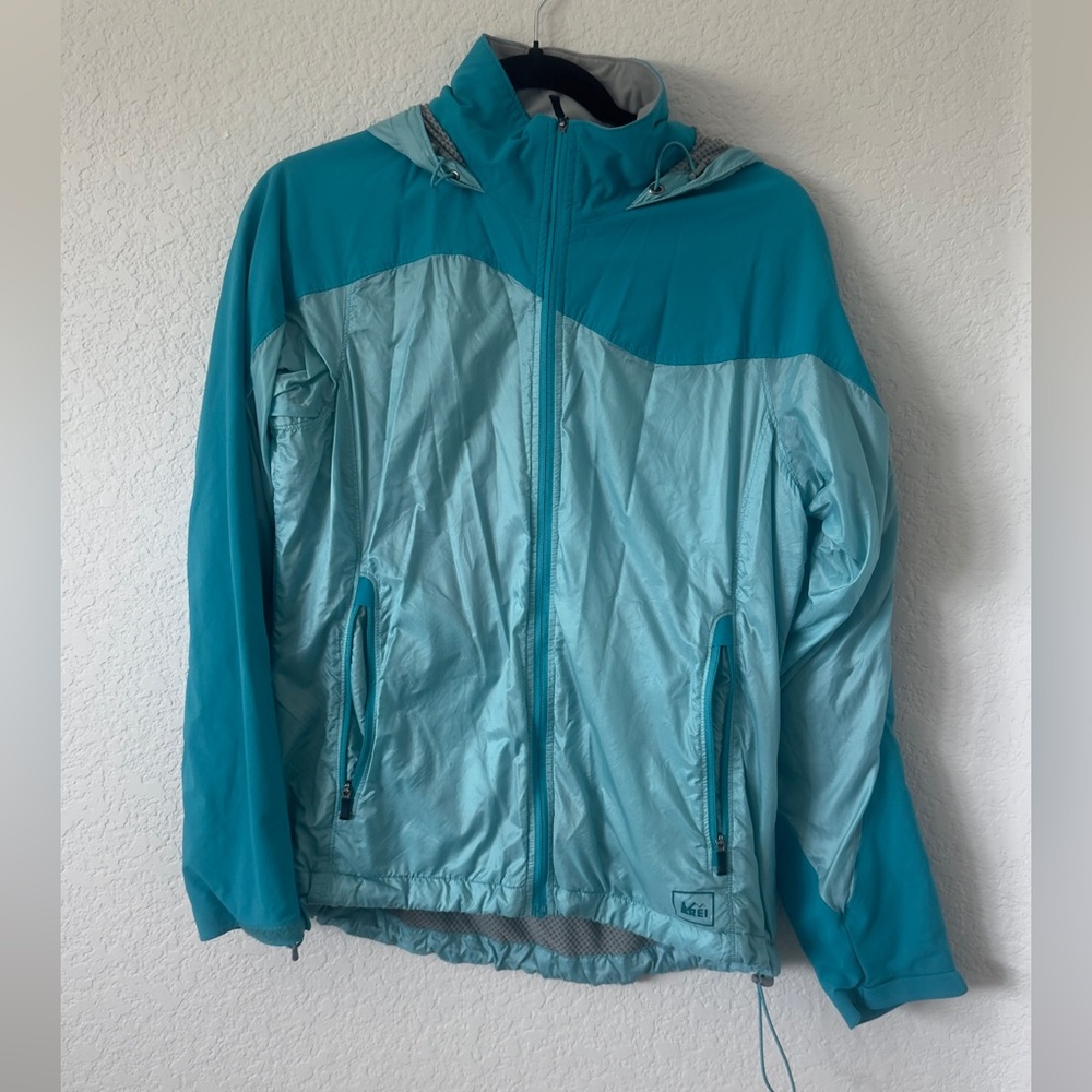 REI Teal and Aqua Full-Zip Hooded Windbreaker